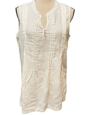 Saint Tropez White Embroidered Pintuck Sleeveless Linen Summer Blouse